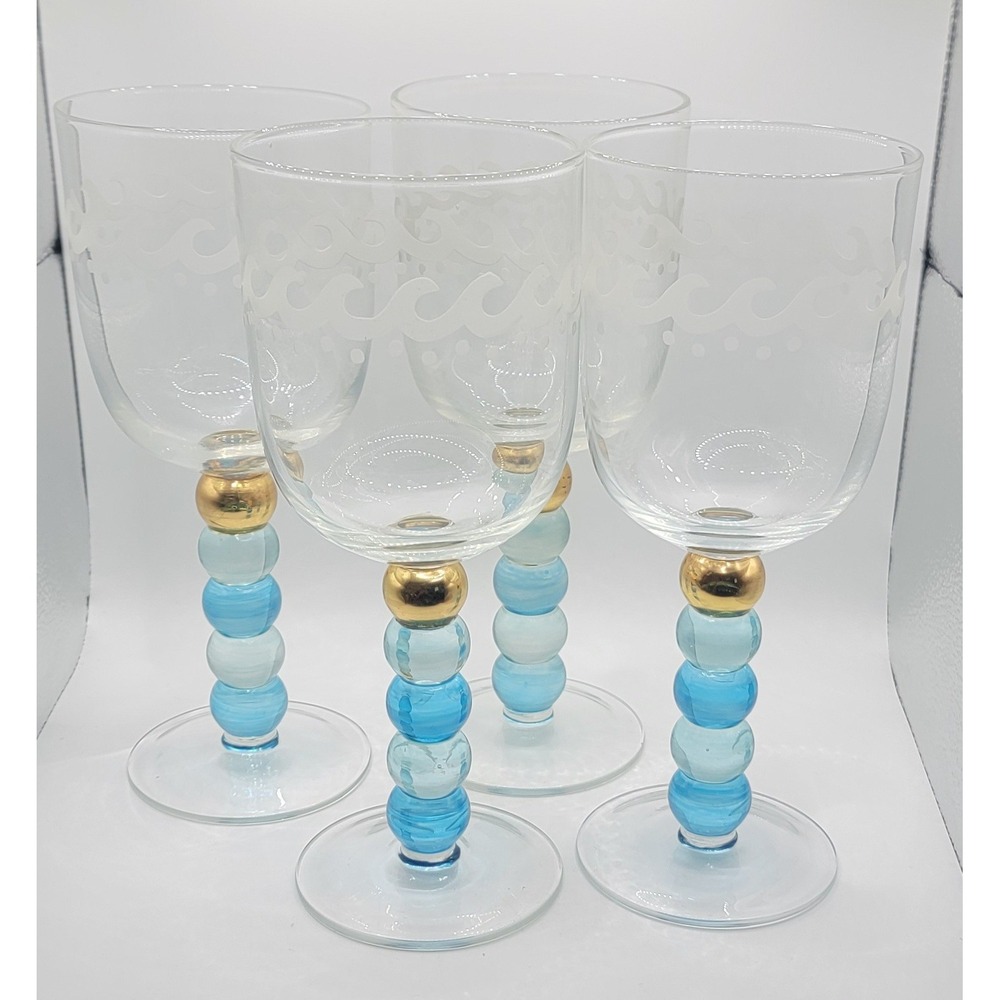 MoMo Panache Crystal "Beach House" - Set of 4 Etched & Handblown Wine Glasses